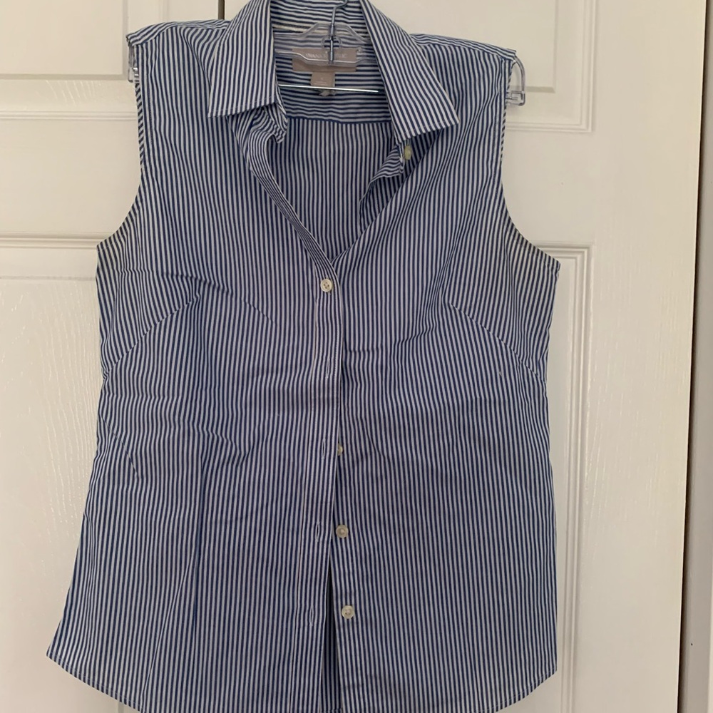 Blue and White Striped Sleeveless Blouse